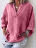 Women V Neck Thin Summer Linen Plus Size Casual Long Sleeve Solid Tunic Tops