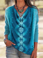 Women Vacation Spring/Fall Abstract graphic Daily Casual Long sleeve Loose Cotton-Blend Regular Shirts