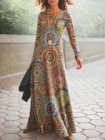 Women Vintage Ethnic Autumn Natural Lightweight Jersey Best Sell Long sleeve A-Line Dresses