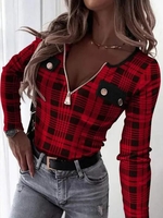 Women Winter Plaid Party V neck Buttoned Micro-Elasticity Standard Long sleeve Regular T-shirt