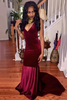 Bridelily 2019 Burgundy Velvet Prom Dress Backless Deep Vneck Sheath Evening Gowns Cheap