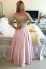 Bridelily 2019 Gold Pink Prom Dresses Long Sleeves Crystals Beaded Off the Shoulder Illusion Lace Evening Gowns Bar0020