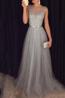 Bridelily 2019 Grey Aline Prom Dresses Beaded Long Tulle Luxury Evening Gowns