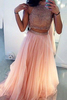 Bridelily 2019 Two Pieces Separate Long Prom Dresses High Neck Front Slit Beading Junior Formal Party Dresses