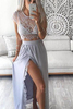 Bridelily 2019 TwoPiece Prom Dresses Sheer Lace Top Side Split Chiffon Floor Length Sexy Party Dresses