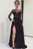 Bridelily ALine Black Long Sleeve Tulle Lace Evening Dress Latest Sweep Train Side Slit Prom Dresses TB0258