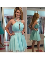 Bridelily ALine Chiffon Halter Sleeveless ShortMini With Beading Prom Dresses
