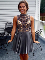 Bridelily ALine Chiffon High Neck Sleeveless ShortMini With Beading Dresses