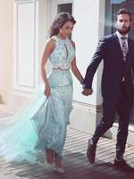 Bridelily ALine Halter Sleeveless SweepBrush Train Lace Tulle Two Piece Dresses