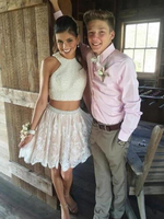 Bridelily ALine Lace Halter Sleeveless ShortMini With Pearls Dresses