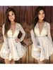 Bridelily ALine Lace Vneck Long Sleeves ShortMini With SashRibbonBelt Dresses