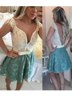 Bridelily ALine Lace Vneck Sleeveless ShortMini With Beading Dresses