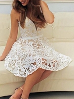Bridelily ALine Lace Vneck Sleeveless ShortMini With SashRibbonBelt Dresses