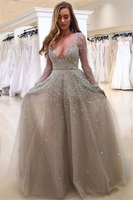 Bridelily Aline Long Sleeves Vneck Floorlength Tulle Pearls Prom Dresses