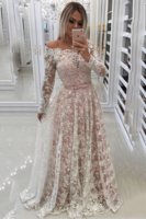 Bridelily Aline Offshoulder Long Sleeves Floorlength Appliques Sash Prom Dresses