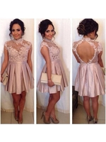 Bridelily ALine Satin High Neck Sleeveless ShortMini With Lace Prom Dresses