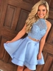 Bridelily ALine Satin Lace Sleeveless Halter ShortMini Two Piece Dresses