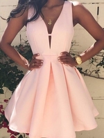 Bridelily ALine Satin Vneck Sleeveless ShortMini Ruffles Prom Dresses