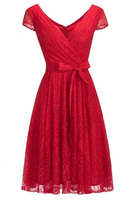 Bridelily Aline Shoet Sleeves Vneck Lace Dresses with Bow Sash