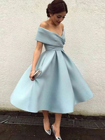 Bridelily ALine Sleeveless OfftheShoulder Satin With Ruffles TeaLength Dresses