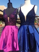 Bridelily ALine Sleeveless Vneck Satin With Beading ShortMini Dresses