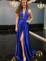 Bridelily ALine Sleeveless VNeck SweepBrush Train With Beading Satin Dresses