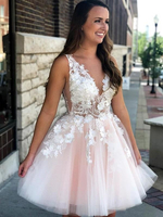 Bridelily ALine Sleeveless Vneck Tulle With Applique ShortMini Dresses