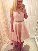 Bridelily ALine Straps Satin With Applique Asymmetrical Two Piece Dresses