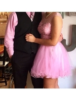 Bridelily ALine Tulle Scoop Sleeveless Mini With Applique Prom Dresses