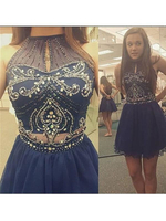 Bridelily ALine Tulle Scoop Sleeveless Short Beading Prom Dresses