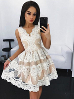 Bridelily ALine Tulle Vneck Sleeveless ShortMini With Lace Dresses