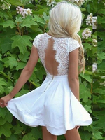 Bridelily ALine Vneck Lace Satin Short Sleeves ShortMini Dresses