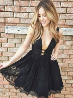 Bridelily ALine VNeck Lace Sleeveless ShortMini Dresses