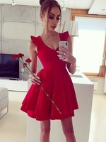 Bridelily ALine Vneck Satin With Ruffles Sleeveless ShortMini Dresses