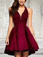 Bridelily ALine Vneck Sleeveless Short With Lace Satin Dresses