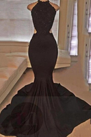 Bridelily Backless Mermaid Lace Sleeveless Black Long Prom Dresses ly149