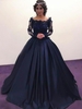 Bridelily Ball Gown Bateau Long Sleeves SweepBrush Train With Applique Satin Dresses