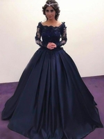 Bridelily Ball Gown Bateau Long Sleeves SweepBrush Train With Applique Satin Dresses