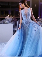 Bridelily Ball Gown Sleeveless Scoop SweepBrush Train With Applique Tulle Dresses