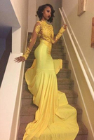 Bridelily Beautiful HighNeck Yellow LongSleeve Lace Appliques Mermaid Prom Dress