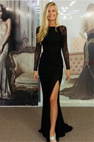 Bridelily Black Bateau Spandex Evening Dresses Backless Long Sleeves 2019 Prom Dresses
