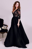 Bridelily Black Deep VNeck Lace Formal Occasion Dress Gorgeous ALine 34 Long Sleeve Evening Gown JT127