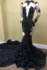 Bridelily Black Lace Appliques Long Sleeves Prom Dresses
