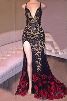 Bridelily Black Red Lace SpaghettisStraps SideSlit Mermaid Prom Dresses