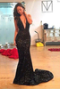 Bridelily Black Sequins OpenBack Halter DeepVNeck Mermaid Prom Dress