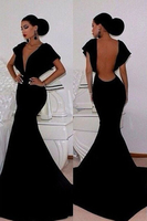 Bridelily Black Velvet Prom Dresses Short Sleeve Deep VNeck Elegant Mermaid Evening Gowns 2019