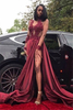 Bridelily Burgundy ALine Long Sleeves Prom Dresses 2019 Appliques Side Slit Evening Dresses SK0107