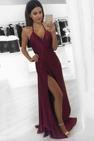 Bridelily Burgundy HalterVNeck Backless Aline SideSlit Prom Dresses