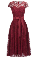 Bridelily Burgundy Lace Short Sleeves Aline Dresses with Bow