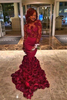 Bridelily Burgundy LaceAppliques LongSleeves FlowersTrain Mermaid Prom Dresses